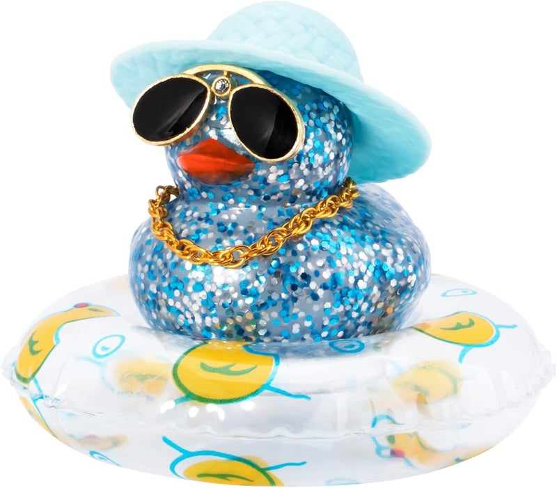 wonuu Dashboard Decorations Rubber Duck Car Accessories with Swim Ring Sunglasses Hat and Necklace, B Blue&Transparent - Image 1